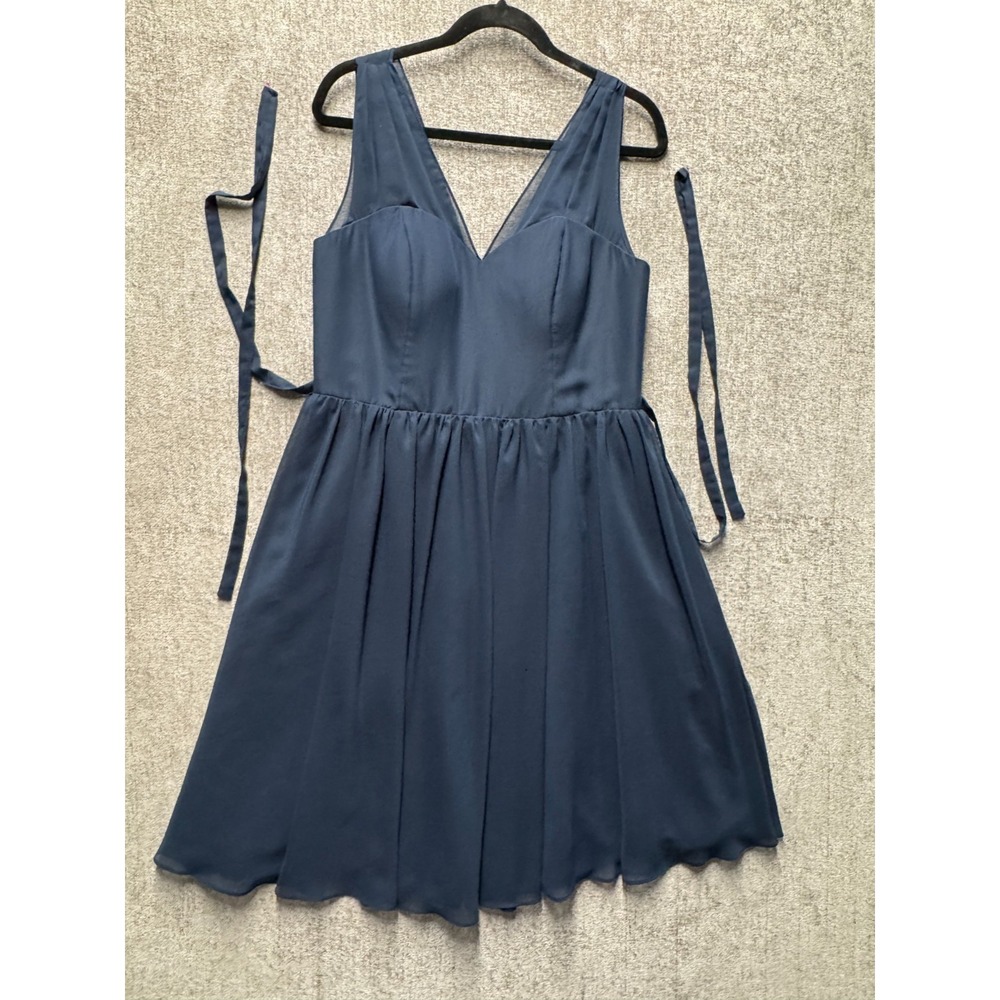 JJSHouse Navy Chiffon Fit Flare Dress V Neck Tie Back Sleeveless Women L
